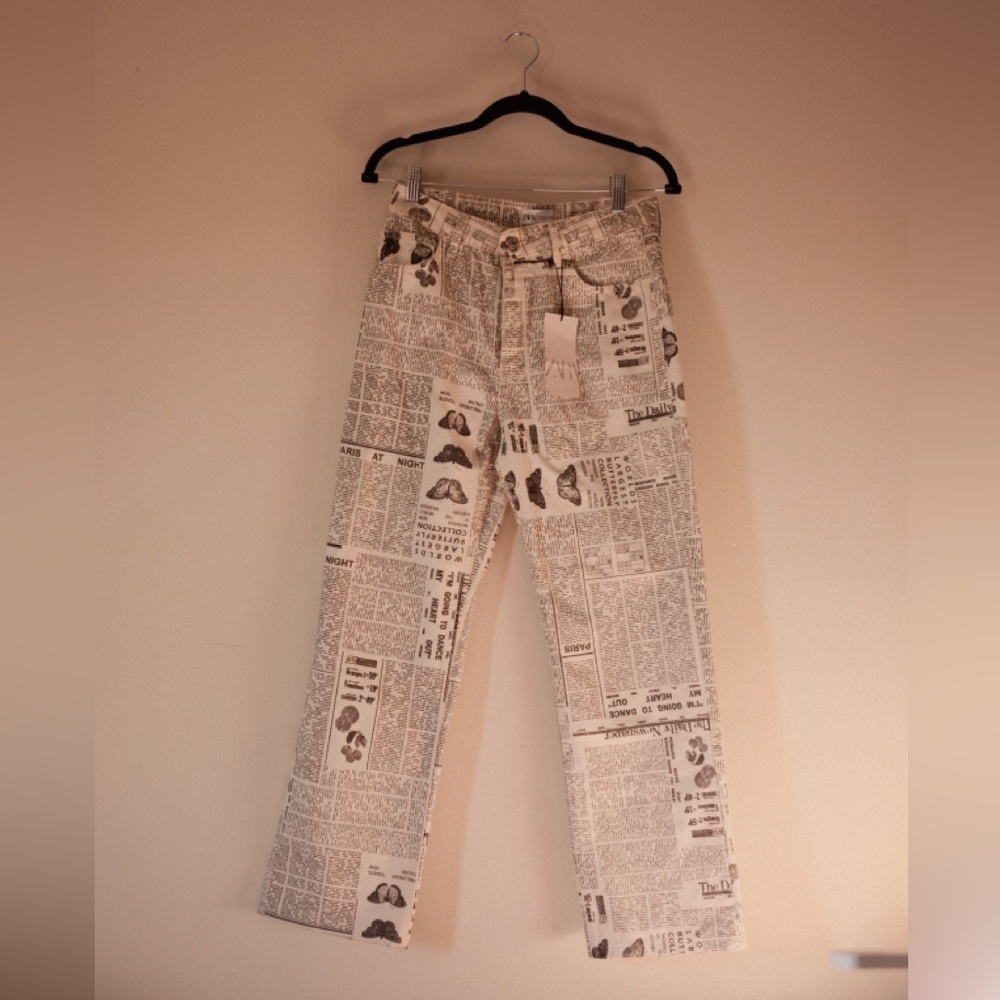 Zara Newspaper Print Straight Pants
